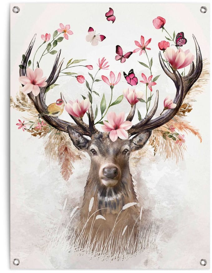 Tuinposter Hert in Bloemen - 80 x 60 - Canvas - REINDERS