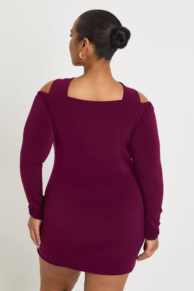 boohoo Dames Plus lange mouw Halter gouden rand minijurk | Pruim | Maat: 46