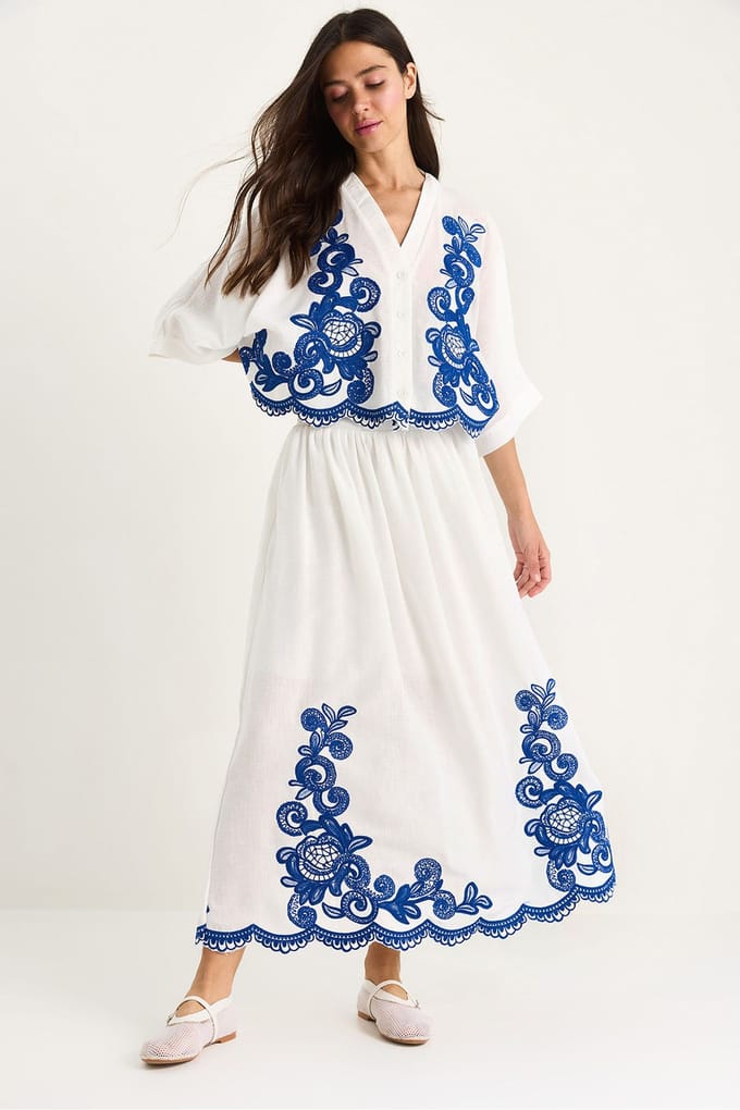 Oversized V-hals Geborduurde 3/4 Mouw Shirt en Wijde Pantalon Set