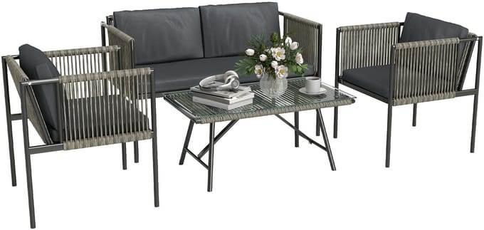 Outsunny-Rattan Gartenmöbel-Set-Stahl, PE-Rattan-116L x 65B x 68H cm-Grau