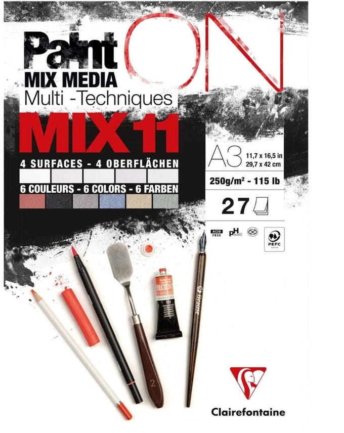 Clairefontaine - Paint ON - Multi-Techniek Pad - Tekenpapier - Schilderpapier - 6 kleuren - 4 papierstructuren - A3 - 27 vel