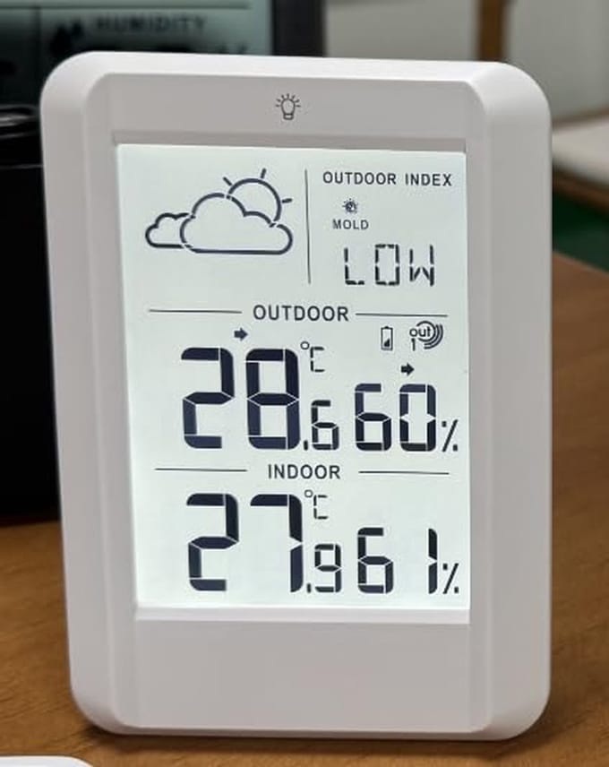 Weerstation Binnen Buiten - Thermometer Hygrometer - Weersvoorspelling Monitoren - Groot LCD Display - 100 Meter Bereik - Wit