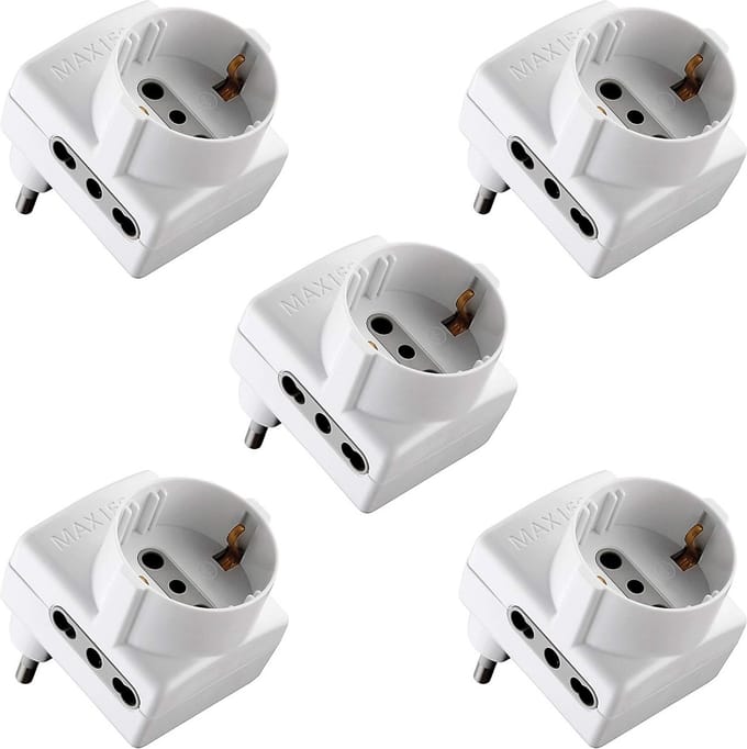 Set van 5 Rechte Verdeelstekkers met Aardcontact - Compact 3-voudig Stroomblok - 230V Wit