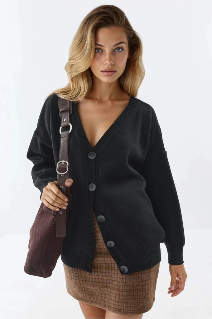 Oversized Geribbelde V-hals Knopen Cardigan