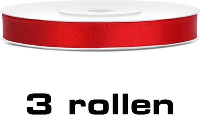 Partydeco - Satijn Lint Rood (6mm/rol 25m, 3 Rollen)