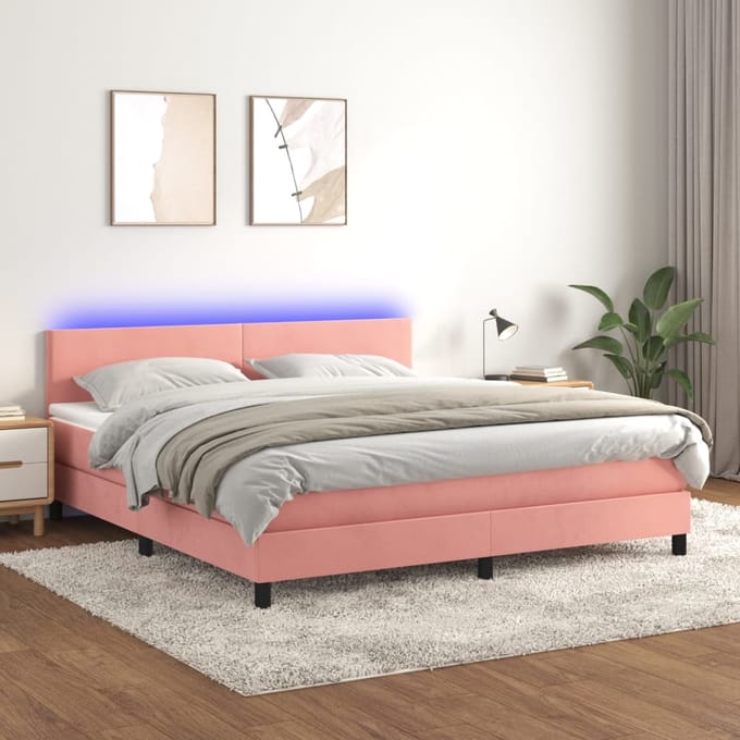 vidaXL - Boxspring - met - matras - en - LED - fluweel - roze - 160x200 - cm