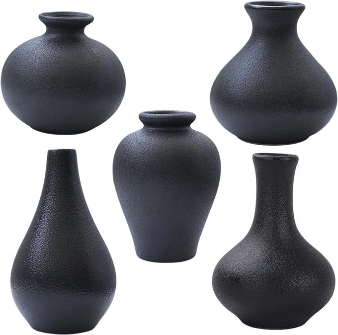 vazen, set van 5 keramische bloemenvazen, vintage deco, zwart