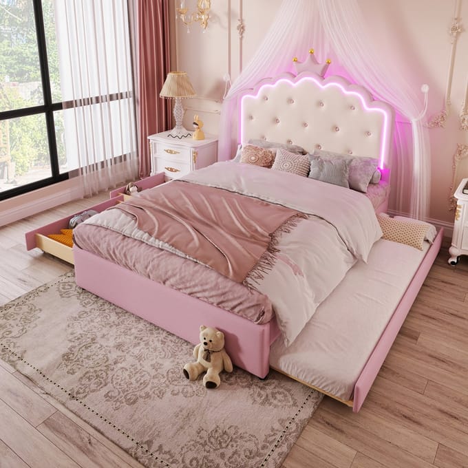 MODFU Bedframe 140x200 cm – Roze PU met uitschuifbed & 2 lades – LED – Prinsessenstijl