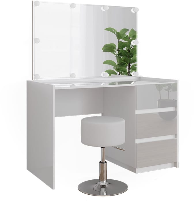Vicco Marla Kaptafel – 120 cm met spiegel, kruk, LED-feeverlichting Wit Hoogglans