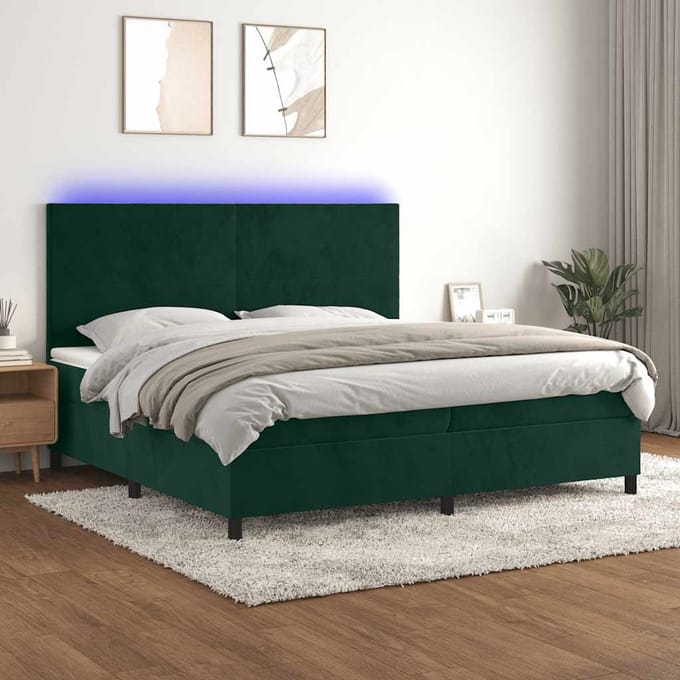 vidaXL - Boxspring - met - matras - en - LED - fluweel - donkergroen - 200x200 - cm