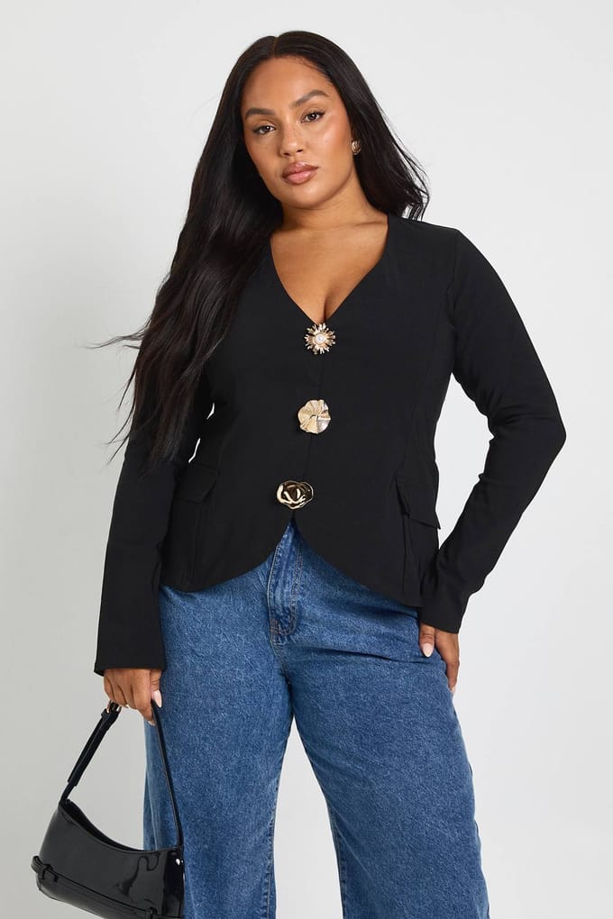 boohoo Dames Plus lange versierde top met knoopsluiting | Zwart | Maat: 46