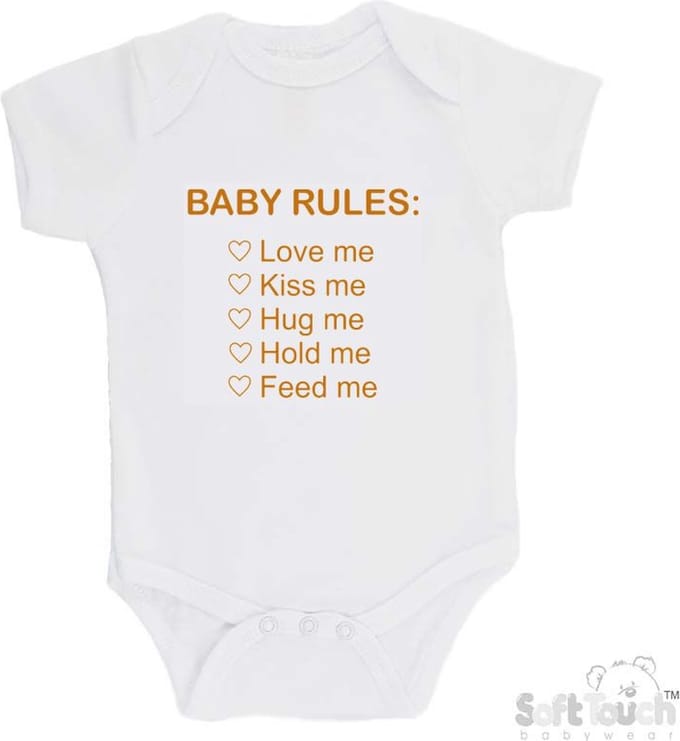 100% Katoenen Romper "Baby rules" Unisex Katoen Wit/tan Maat 56/62