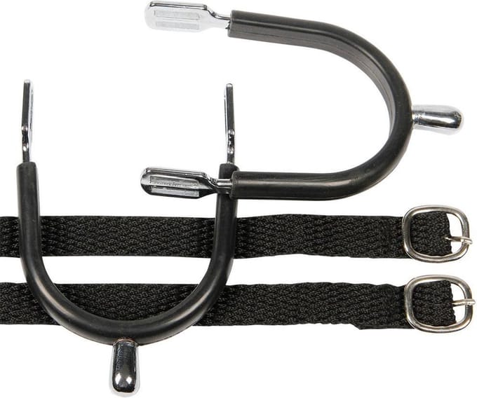Sporen knop verchroomd / rubber + riem zwart