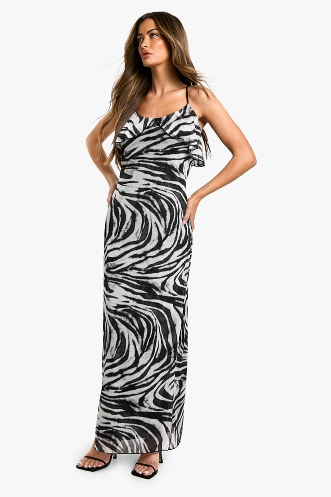 boohoo Dames Tie Strap Zebra Frill Mesh Maxi Jurk | Zwart | Maat: 36