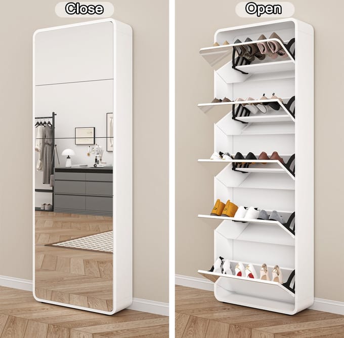 Sweiko Schoenenkast - Spiegel - 5 opklapbare lades - Rond ontwerp - Wit