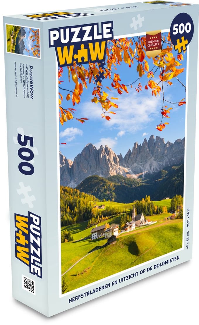 Puzzel Herfstbladeren en uitzicht op de Dolomieten - Legpuzzel - Puzzel 500 stukjes