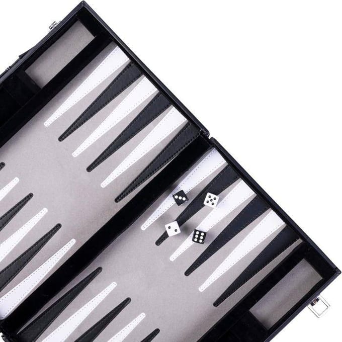 Backgammon 15 inch - Grijs, Zwart & Wit Gestikt Bord - Kunstlederen Koffer met Handvat - Engelhart