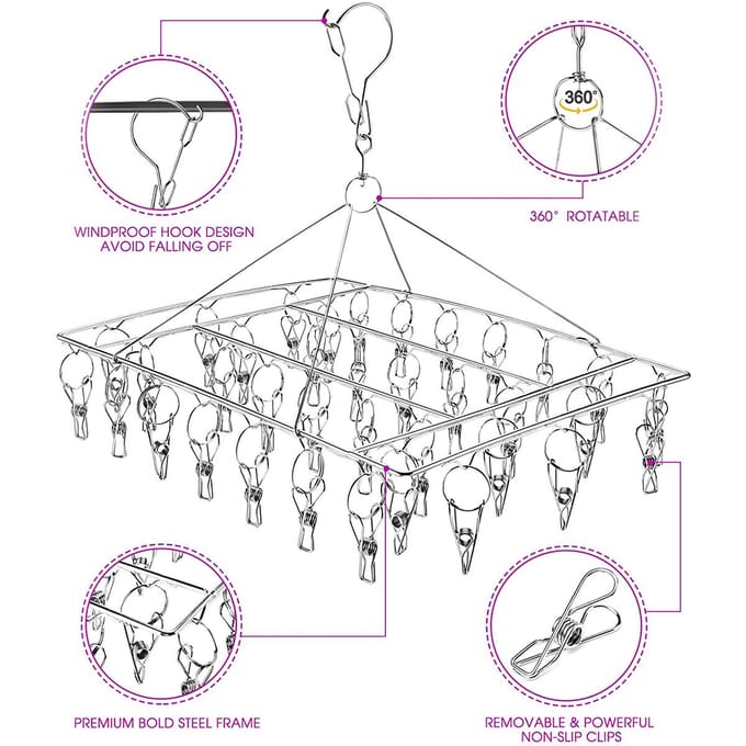Séchoir à chaussettes avec 30 clips en acier inoxydable, support pivotant et coupe-vent pour égouttoir à linge gray
