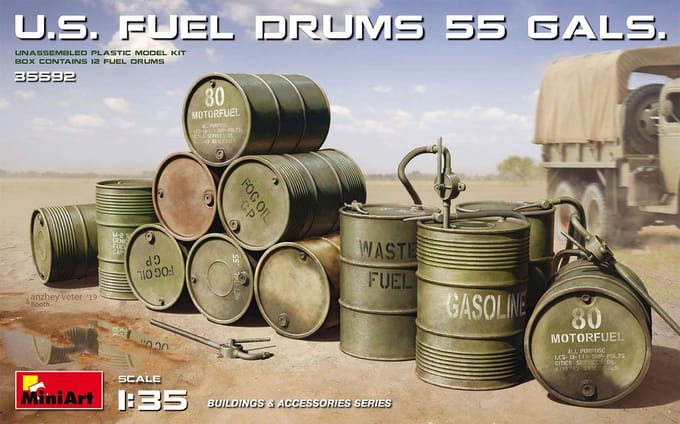 MiniArt Modelbouwpakket Militaire voertuigen - 35592 U.S. Fuel Drums 55 Gals. Plastic - 1:35 - Modelbouw
