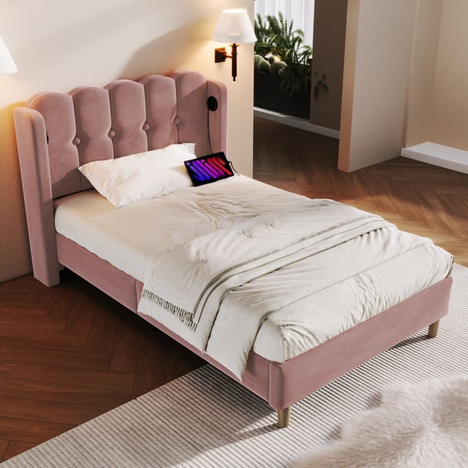 REDOM Bedframe 90x200 cm van fluweel – Met paneel-hoofdbord, USB/Type-C en lattenbodem – Roze