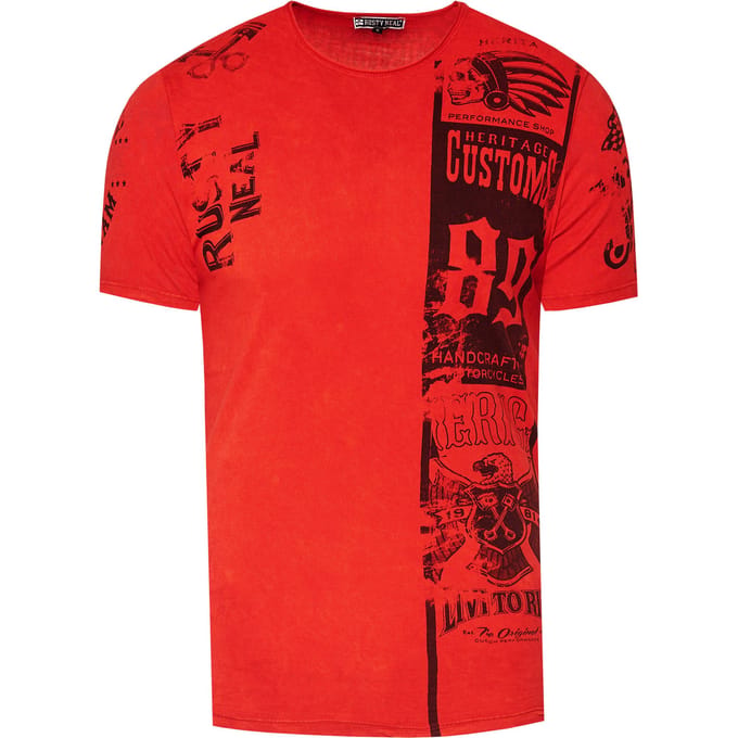 Gewassen biker T-shirt met voor- en achterkant bedrukt