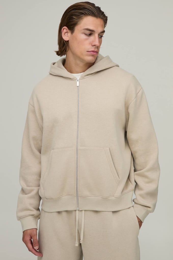 Essential Oversized Boxy Zip Through Hoodie | Stone | Size Large