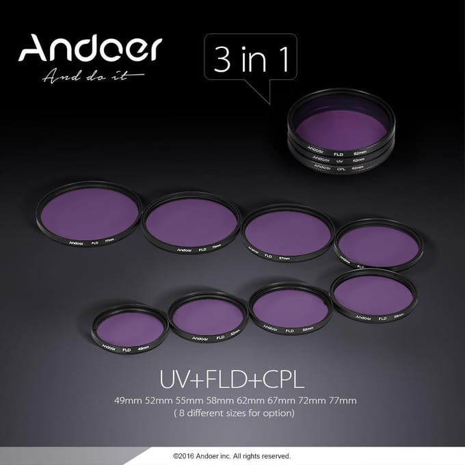 Andoer 52mm Filterkit (UV+CPL+FLD) + Nylon Draagtas + Lensdop + Lensdophouder + Zonnekap + 52 mm black