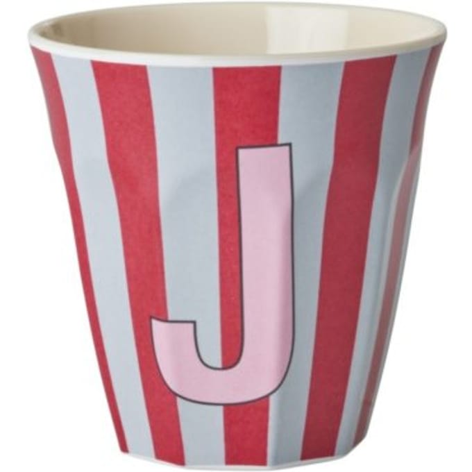 Rice melamine beker medium gestreept letter j, roze