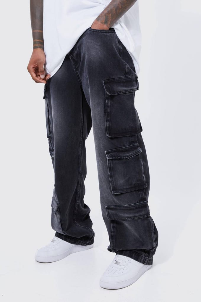 Baggy Rigid Multi Pocket Cargo Gebleekte Jeans | Black | Size 34R