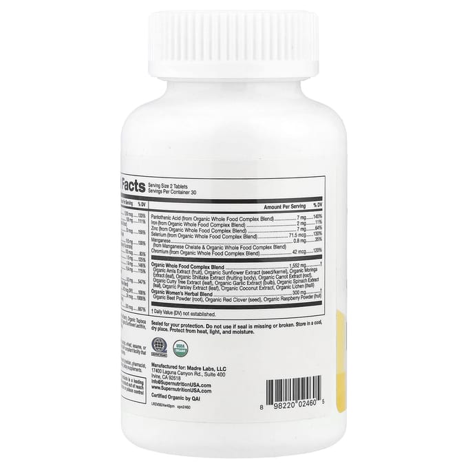 Super Nutrition, multivitamines biologiques et naturelles pour femmes de plus de 40 ans, 60 comprimés