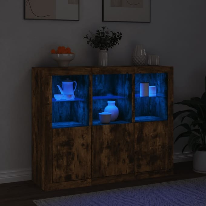 vidaXL - Dressoirs - met - LED-verlichting - 3 - st - bewerkt - hout - gerookt - eiken