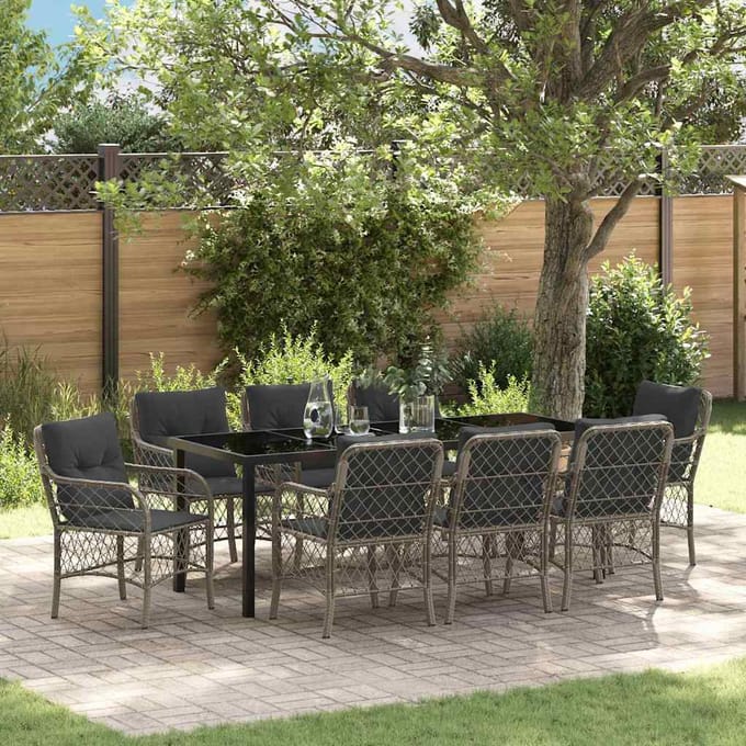 vidaXL - Tuin - Eettafel - Set - 9 - st - Grijs - poly - rattan