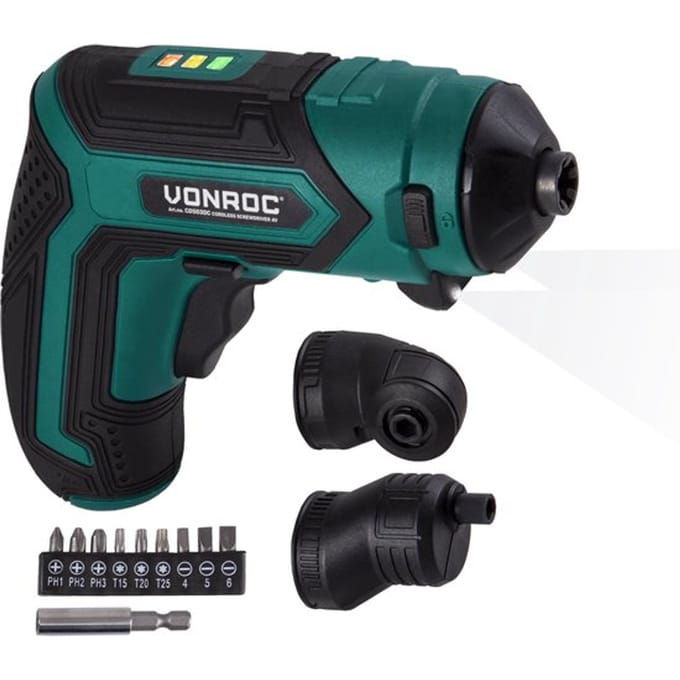 VONROC Accu Schroefmachine – 4V – Incl. bithouder, excentrisch en haaks opzetstuk, bitset & lader