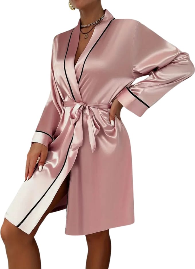 Nivard Satijnen Badjas Dames - Kimono - Kamerjas - Satijn - Ochtendjas - Pyjama - Roze - Maat M