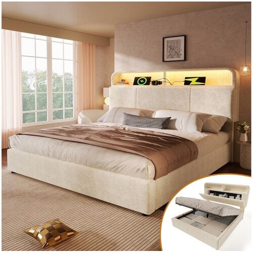 Merax Hydraulisch opbergbed - 140 x 200 cm - verstelbaar hoofdeinde met opbergruimte - met LED's + USB/Type-C - fluweel - beige