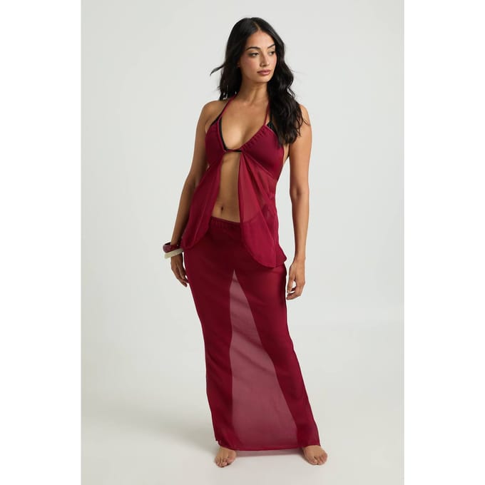boohoo Dames Haltertop En Maxi Rok Co-ord | Bordeaux Rood | Maat: 44
