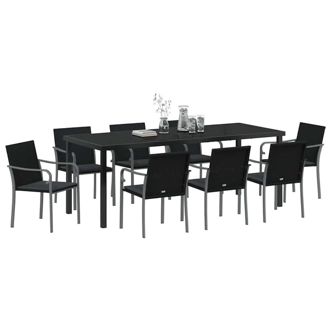 vidaXL - Tuin - Eettafel - Set - 9 - st - Zwart - en - Grijs - PE - Riet