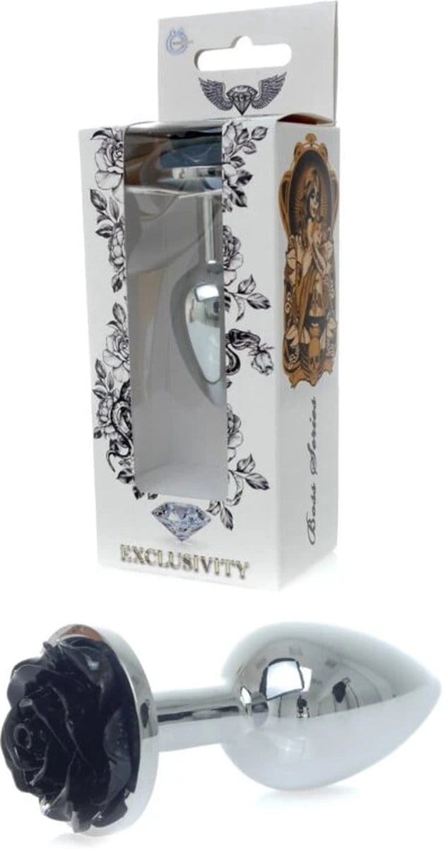 Zilveren buttplug met roos – Zwart