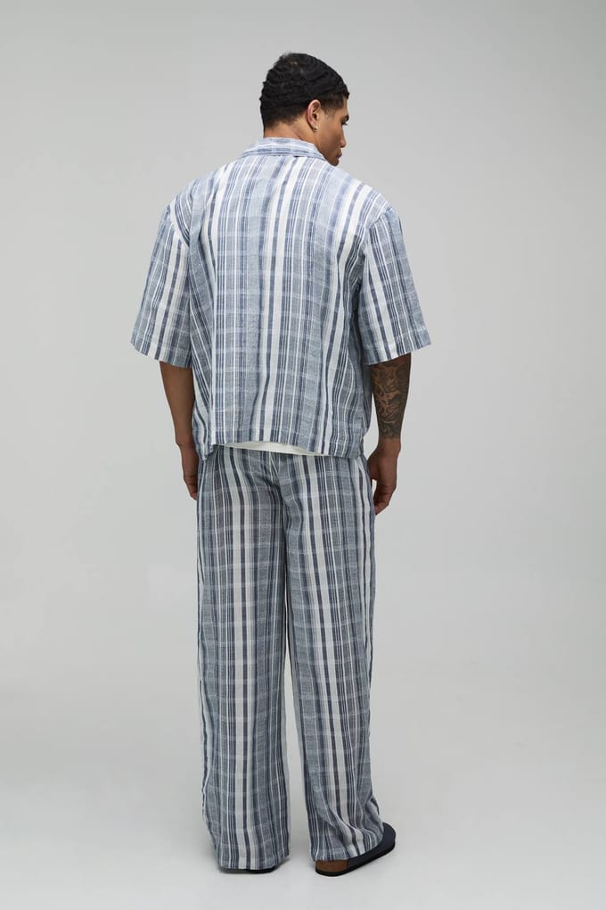 Lichtgewicht Katoenen Gaas Gestreepte Oversized Shirt & Relaxed Broek Set | Navy | Size Medium