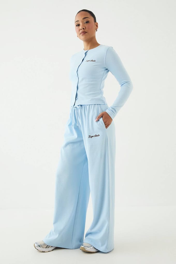 Dames Dsgn Studio Geborduurd Ribgebreide Wijde Pijpenbroek | Lichtblauw | Maat: 2XL