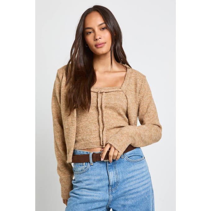 boohoo Dames Gebreide Strik Vest en Hemdje Set | Camel | Maat: Medium