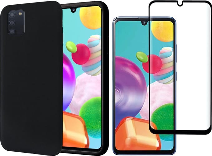 Hoesje geschikt voor Samsung A41 en Screenprotector - Liquid Siliconen Case Zwart + Screen Protector Full