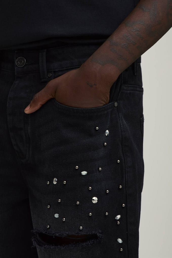 Relaxed Rhinestone Embellished Ripped Denim Shorts | Washed Black | Size 54