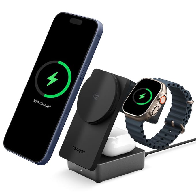 Spigen Essential EF323MQ Qi2.2 25W 3-in-1 Opvouwbaar MagSafe Draadloos Laadstation — Compatibel met iPhone, Apple Watch & AirPods (ACH10398)
