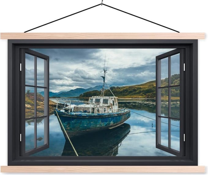 Posterhanger incl. Poster 150x100 cm - Schoolplaat - Doorkijk - Boot - Berg - Textielposter - Blanke latten