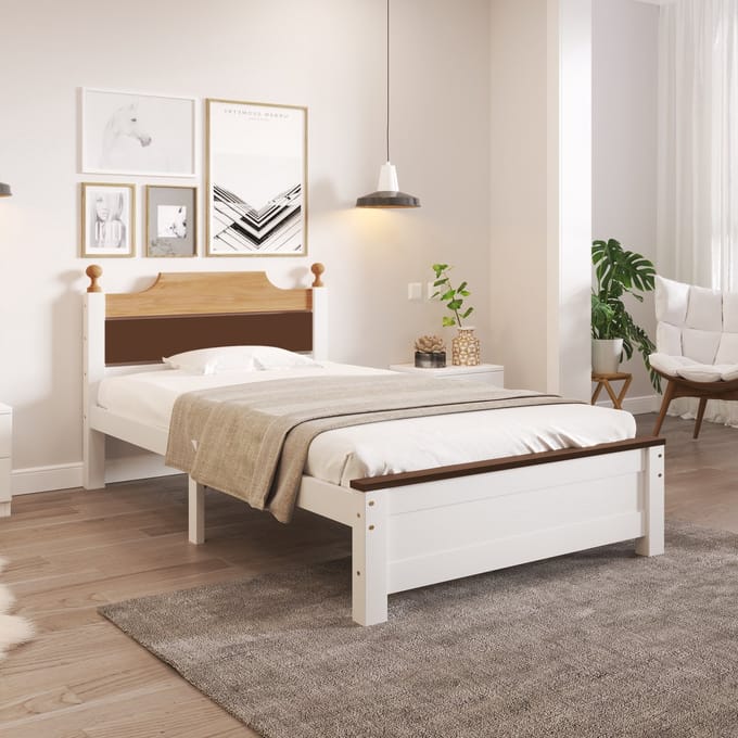 Eenpersoonsbed - Houten Bed Met Contrast Design - 90x200 cm - Wit