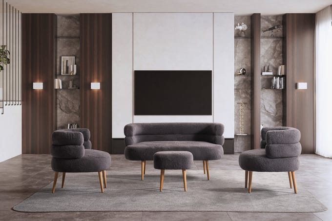 BSS Barel - Moderne Zitset - 2 Fauteuils, Tweezitsbank & Poef - Antraciet