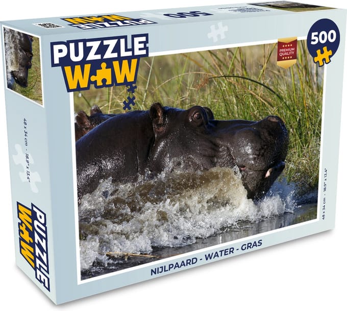 Puzzel Nijlpaard - Water - Gras - Legpuzzel - Puzzel 500 stukjes