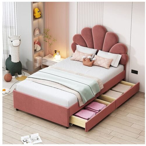 Merax Fluweel gestoffeerd bed 90 x 200 cm met 4 lades - bloemvormig hoofdeinde - roze
