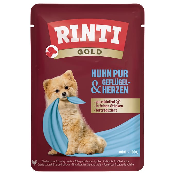 10x100g RINTI Gold Kip Pur & Gevogelteharten Hondenvoer nat